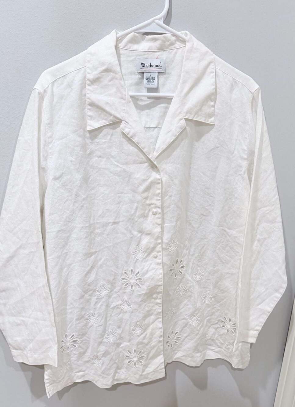 White 100% Linen Daisy Floral Embroidered Button-Down Shirt Size L